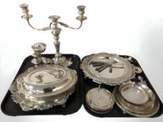 An EPNS lidded entree dish, salvers, twin branch candelabrum, coasters, etc.