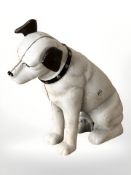 A cast iron HMV dog money bank, height 25 cm.
