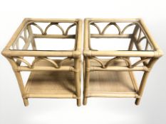 A pair of bamboo glass topped lamp tables,
