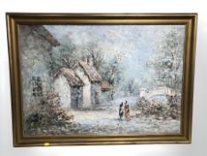 Marie Charlot : Impressionist study of figures beside cottages, oil on canvas,