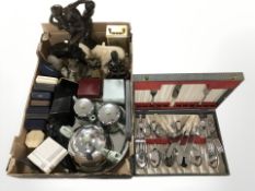 A group of ornaments and figurines, brass carriage timepiece, cutlery canteen,
