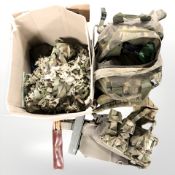 A group of military DPM equipment including harness, ruck sack,