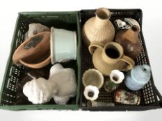 Pottery bust of a woman, wall pocket and planter, various jugs, porcelain vases,