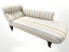 An early 20th century mahogany chaise longue in contemporary striped fabric length 171 cm
