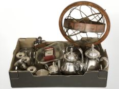 Assorted silver plated wares, hip flasks, 1960s globe, crystal fruit bowl, money box, etc.