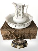 A wicker picnic hamper, a Soho Pottery Corbridge wash jug and basin,