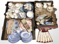 Assorted tea and dinner wares, glasses, Willow pattern plates, cutlery canteen,