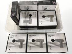Ten boxed massage guns.