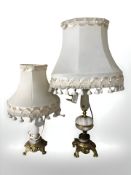Two onyx and gilt metal mounted table lamps with shades, tallest 65 cm.