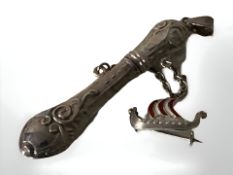 An embossed silver scent bottle pendant, length 6 cm,