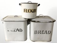 Three enamelled metal flour bins,