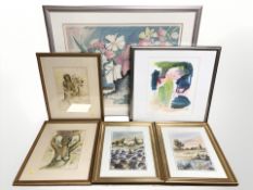 Six assorted pictures including a pair of watercolour rural scenes,