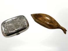 A decorative wooden and penwork snuff box in the form of a fish, length 14.