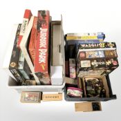 A group of vintage board games, box wood chess set,