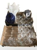 Two large art glass vases, decanter, assorted champagne flutes, wine glasses and brandy glasses,