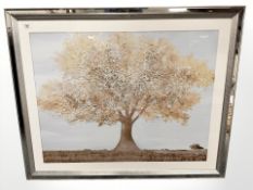 A mixed media print depicting a tree in a mirrored frame, 109 cm x 89 cm.