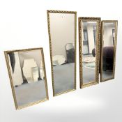 Four contemporary gilt framed mirrors, the largest 42 cm x 126 cm.