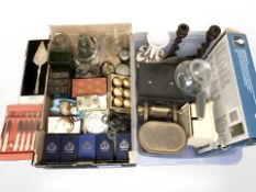 A group of cutlery, lacquered wares, Cunard whisky glasses, enameled scales,