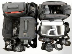 Several camera bags and contents to include Sony Alpha 58 digital camera,