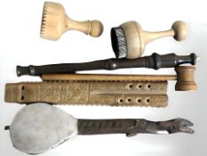 A Balkan Kaval double flute, a Serbian gusle stringed instrument, a recorder, an oak gavel, etc.