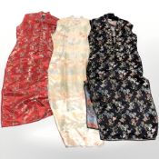 Three Chinese silk sleeveless gowns