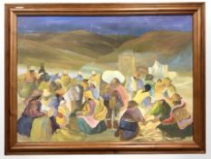 Peruvian School : Villagers gathering by a fire, oil on canvas, 87 cm x 62 cm.