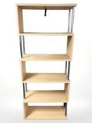 A modern multi-tiered open bookcase,