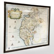 A hand coloured map of Cumberland by Robert Morden, 44 cm x 38 cm.
