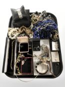 Assorted costume bead necklaces, a Cartier style enameled panther bangle, ladies wristwatches,