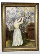 M Warnes : Lady in a white dress by a tree, oil on board, 28 cm x 39 cm.