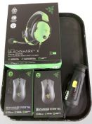 A Razer Blackshark V2 X gaming head set, two Deathadder Essential gaming mice, all boxed,
