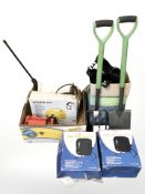A group of hand tools, garden vacuum,