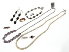 Three sterling silver dress rings together with silver necklace, pair of earrings,