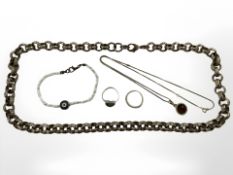 Two silver dress rings, a silver gilt necklace and pendant,