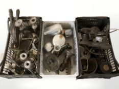 Assorted metal wares including Picquot tea set, two pairs of candlesticks, scales with weights,