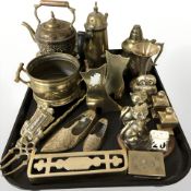 Brass teapot on stand, coffee pot, twin handled planter, shoes, trivet, match vesta, etc.