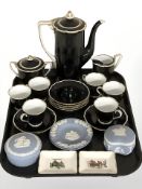 A fifteen piece Noritake coffee service on black ground, two blue Jasperware trinket boxes,