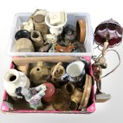 Assorted pottery jugs, vases, figures, pair of oak candlesticks, Tiffany style table lamp, etc.