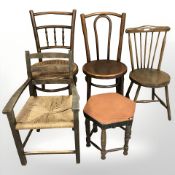 Five various 20th century chairs, hexagonal stool, etc.