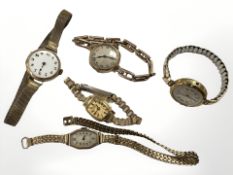 Five lady's wristwatches to include three examples with 9ct gold cases and one on expansion