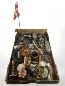 Metal wares including assorted candlesticks, cutlery, flagpole, etc.