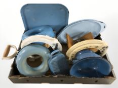 A group of Danish blue enameled kitchen wares and two Raadvad bread slicers.