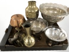 A group of EPNS bowls, brass wares, copper plated saucepan on burner stand.