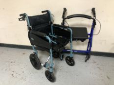 A folding wheel chair and a walking aid