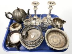 A tray of antique and later silver plated items, Sheffield plated bottle coasters, etc.