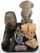 A group of eastern wooden carvings, figures, wall shelf, miniature barrel, etc.