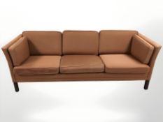 A late 20th century Danish three seater settee in terracotta fabric, 206 cm W x 83 cm D x 80 cm H.