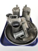 A group of pewter tankards, chamber stick, etc.