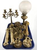 Brass wares including a pair of oil lamp wall sconces signed 'G V Harnisch, Copenhagen',