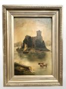 19th Century School : Figures by a castle on a loch, oil on canvas, 50 cm x 75 cm.